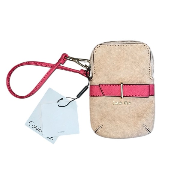 Calvin Klein NWT Tan & Watermelon Pink Leather Wristlet w/Pockets Inside & Out - Picture 1 of 4